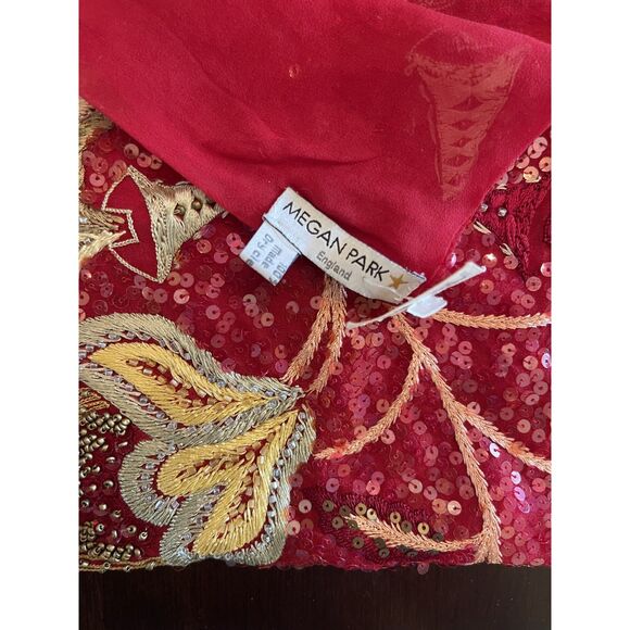 VTG Megan Park England Red Embroidered Silk Beaded Scarf Shawl Barneys NY Luxe - Picture 11 of 11